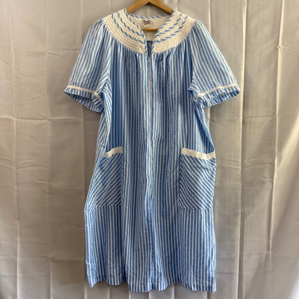 Granada Seersucker House Dress Blue White Stripe Zip Front Duster Robe L muumuu
